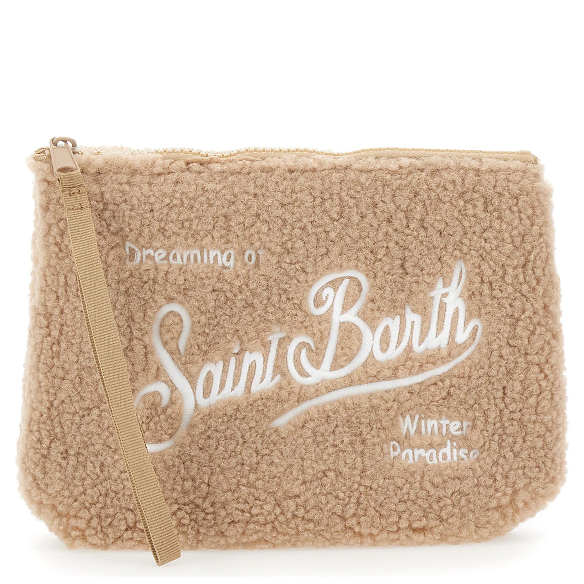 Aline Beige Clutch Bag with Teddy Effect and Maxi Logo Lettering on the Front and Back in Fabric Girl