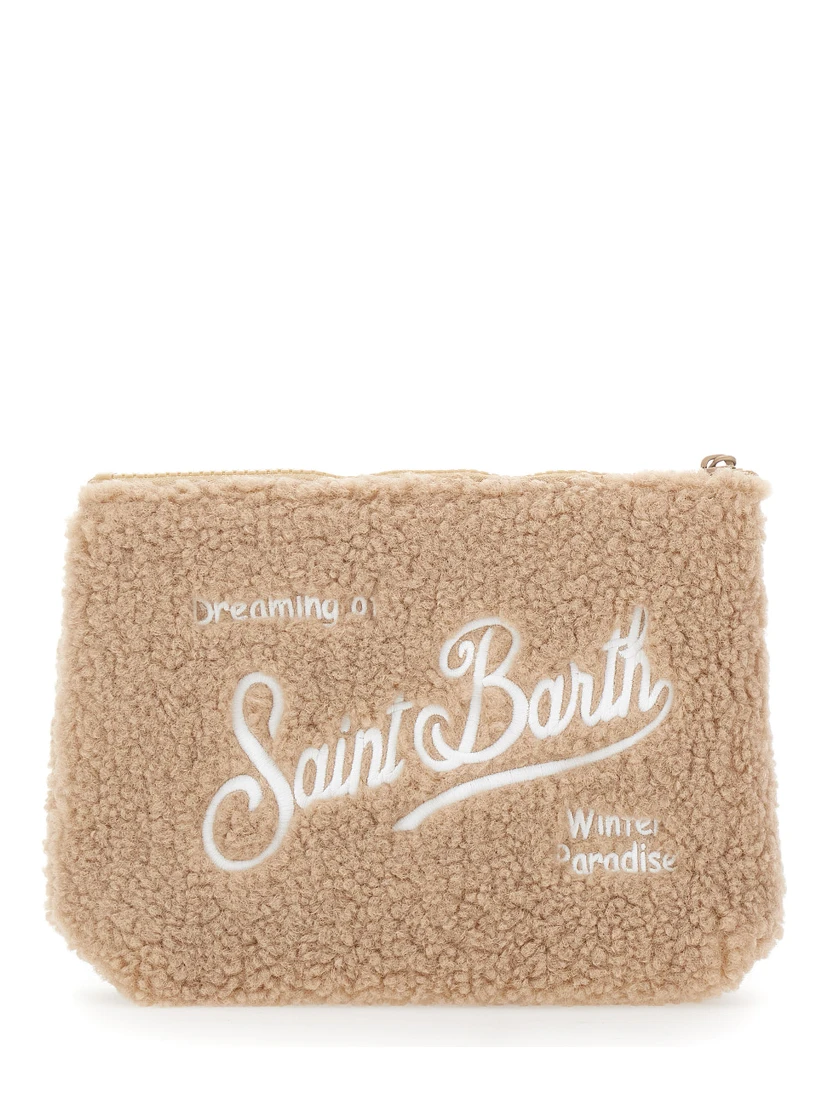 Aline Beige Clutch Bag with Teddy Effect and Maxi Logo Lettering on the Front and Back in Fabric Girl