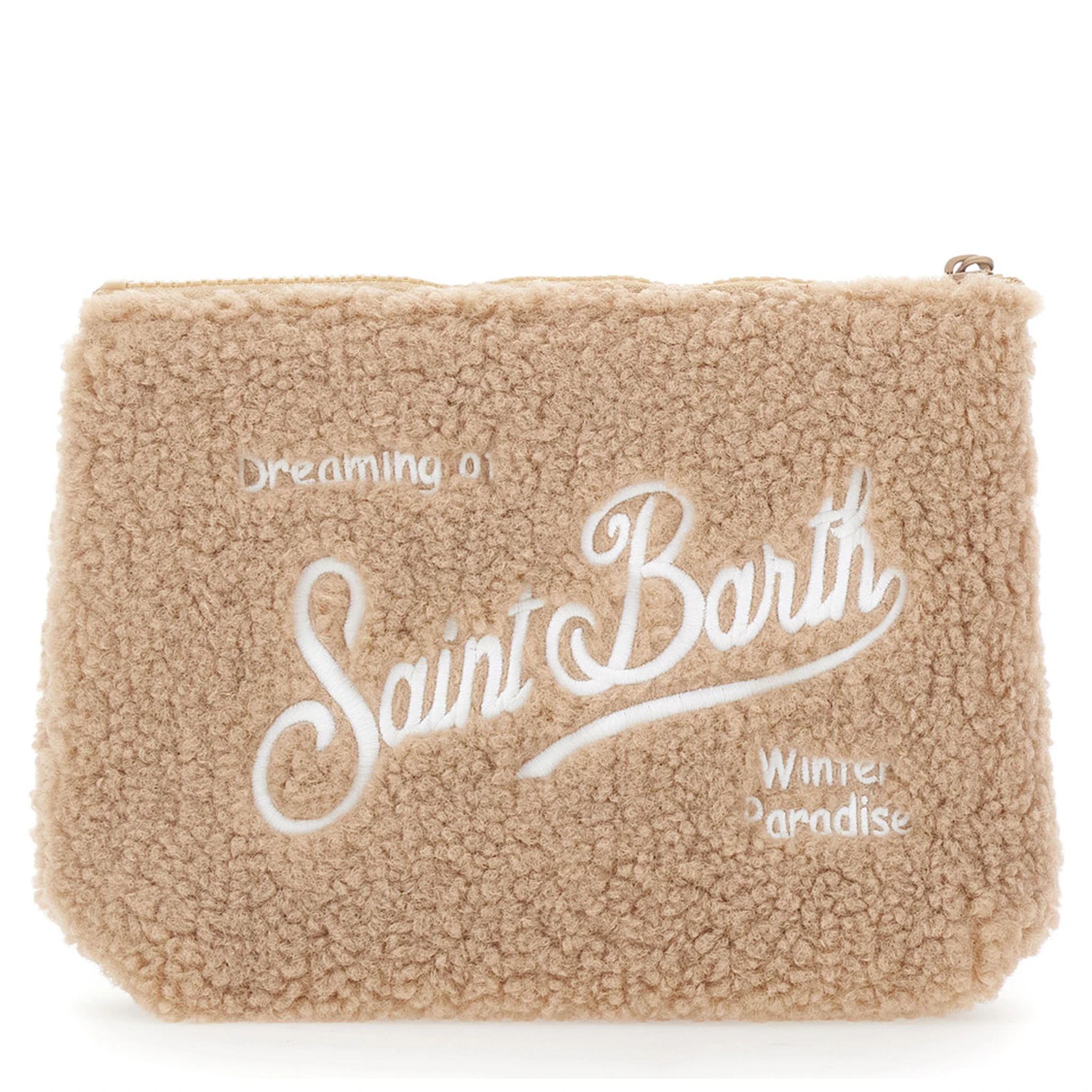 Aline Beige Clutch Bag with Teddy Effect and Maxi Logo Lettering on the Front and Back in Fabric Girl