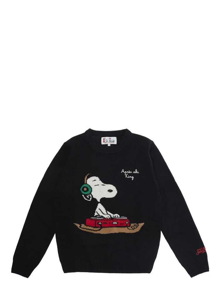 Black Crewneck Sweater with Maxi Embroidery on the Front and Logo Lettering on the Sleeve in Wool Blend Boy