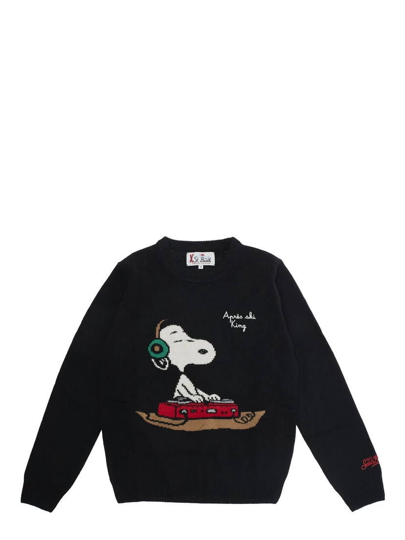 Black Crewneck Sweater with Maxi Embroidery on the Front and Logo Lettering on the Sleeve in Wool Blend Boy