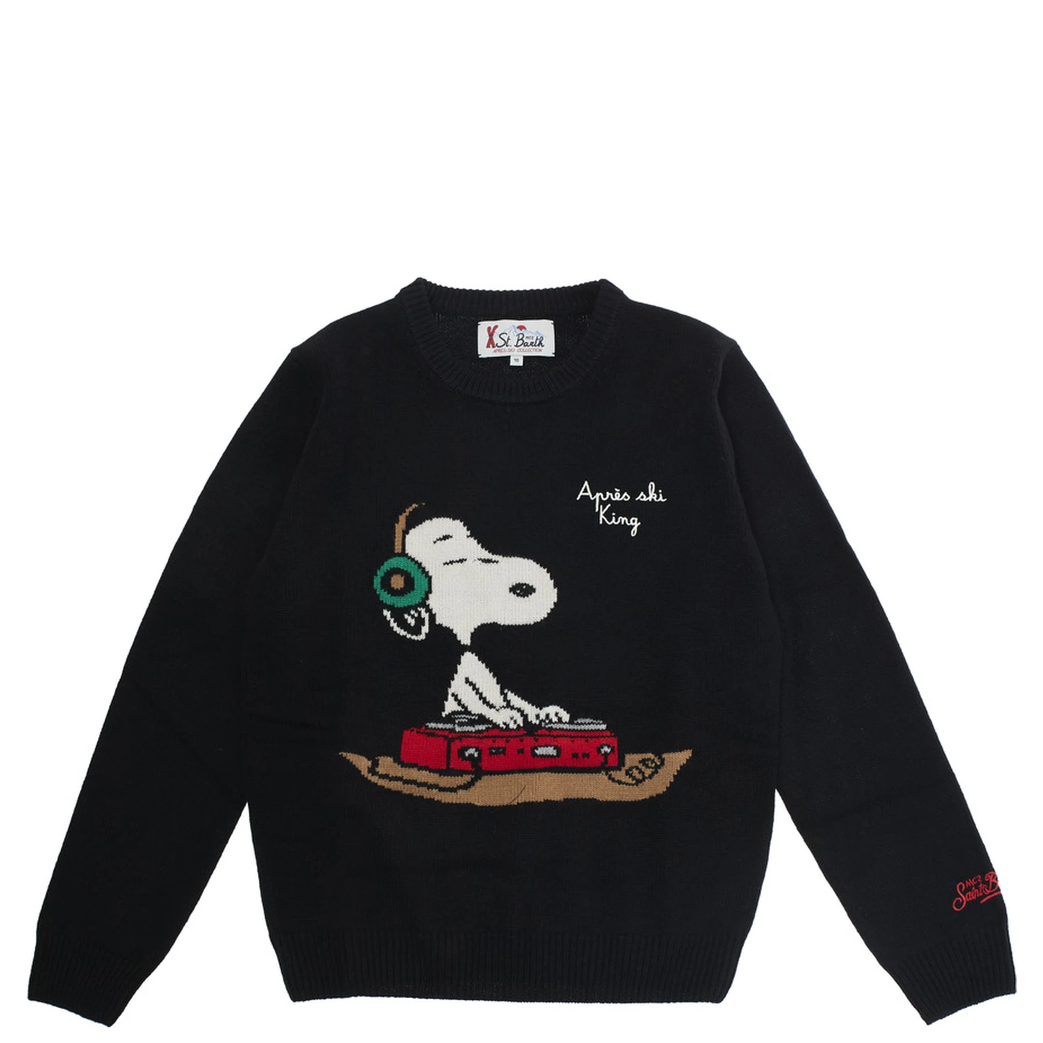 Black Crewneck Sweater with Maxi Embroidery on the Front and Logo Lettering on the Sleeve in Wool Blend Boy
