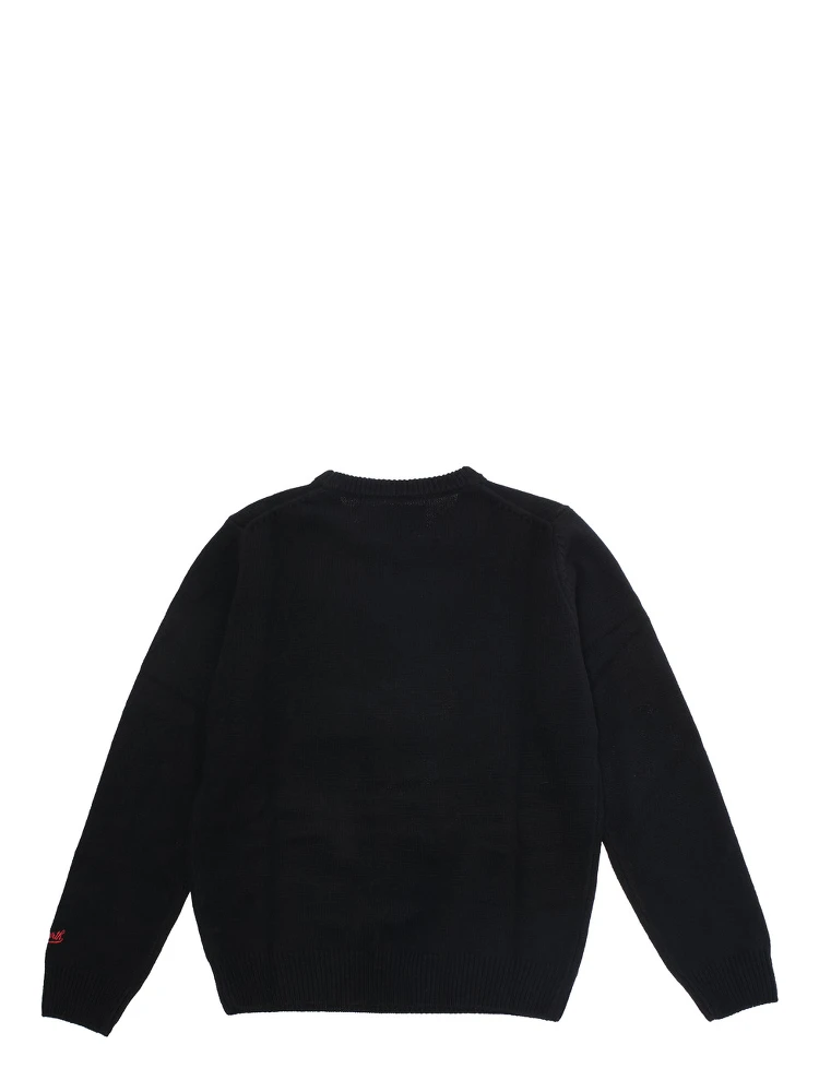 Black Crewneck Sweater with Maxi Embroidery on the Front and Logo Lettering on the Sleeve in Wool Blend Boy alternative