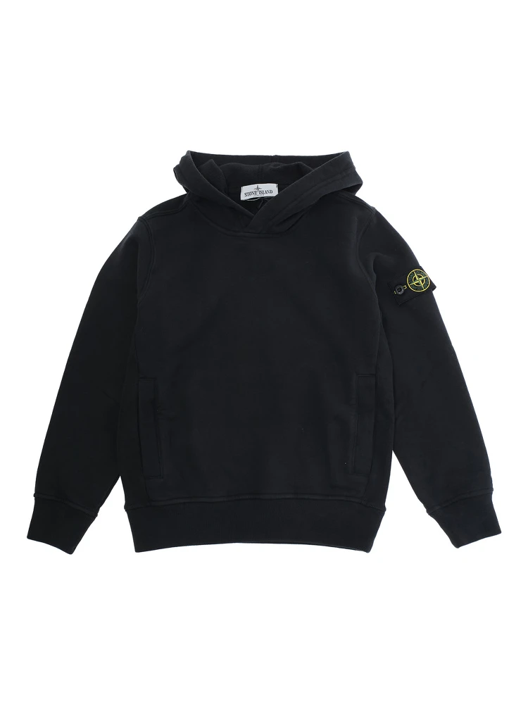 Black Hoodie with Fixed Hood and Logo Patch on the Sleeve in Cotton Boy