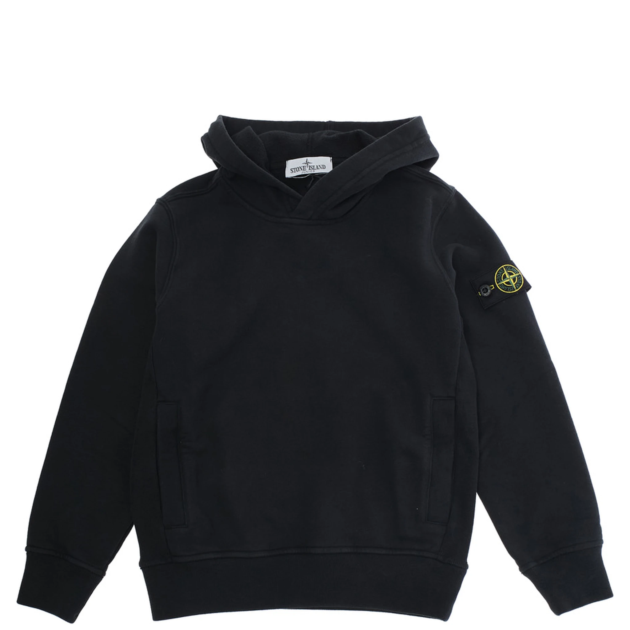 Black Hoodie with Fixed Hood and Logo Patch on the Sleeve in Cotton Boy