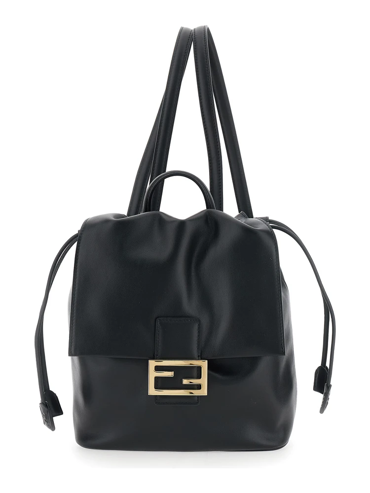 Black Backpack with FF Plaque Closure on the Front in Patent Leather Woman