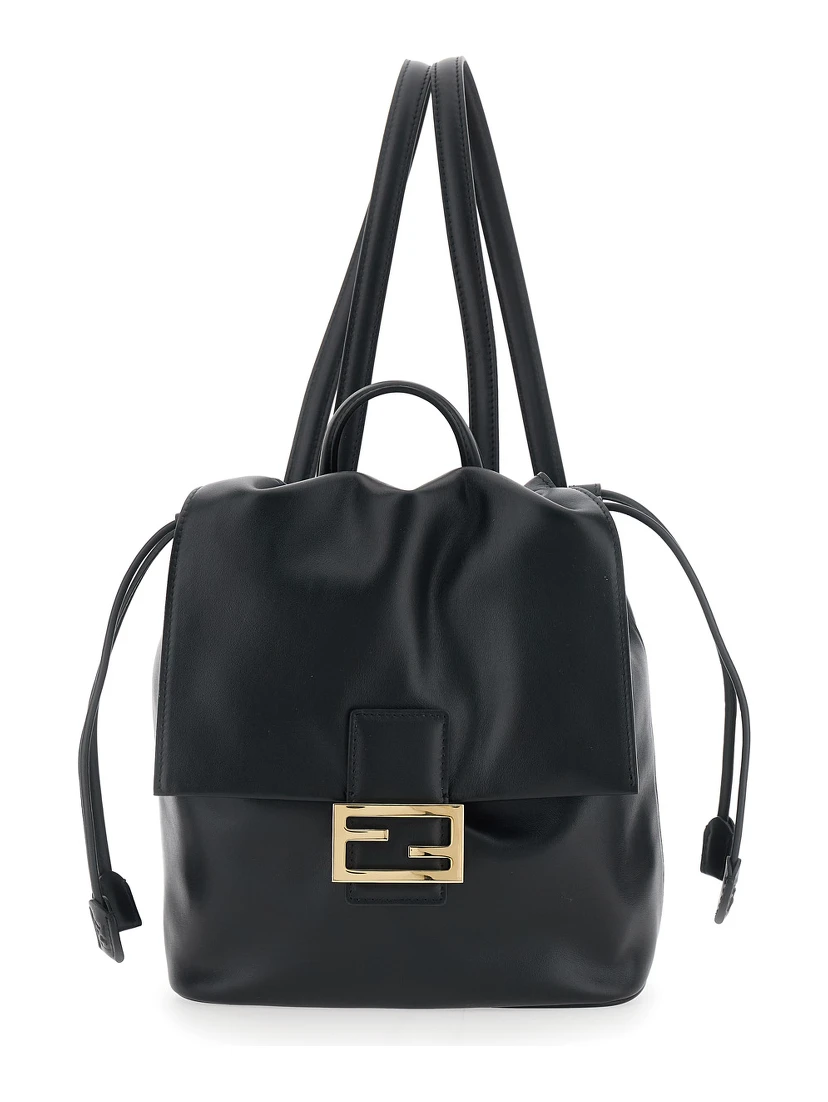 Black Backpack with FF Plaque Closure on the Front in Patent Leather Woman