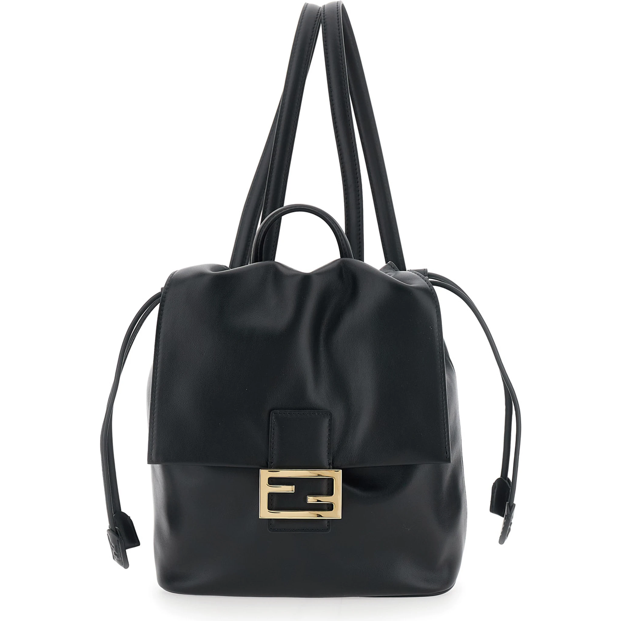 Black Backpack with FF Plaque Closure on the Front in Patent Leather Woman