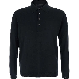 Black Sweater with Polo Shirt Style Collar and Long Sleeves in Wool Man
