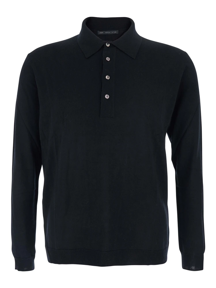 Black Sweater with Polo Shirt Style Collar and Long Sleeves in Wool Man