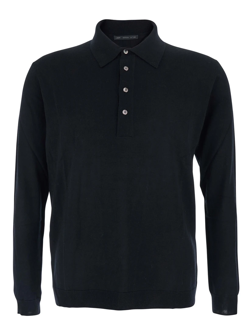 Black Sweater with Polo Shirt Style Collar and Long Sleeves in Wool Man