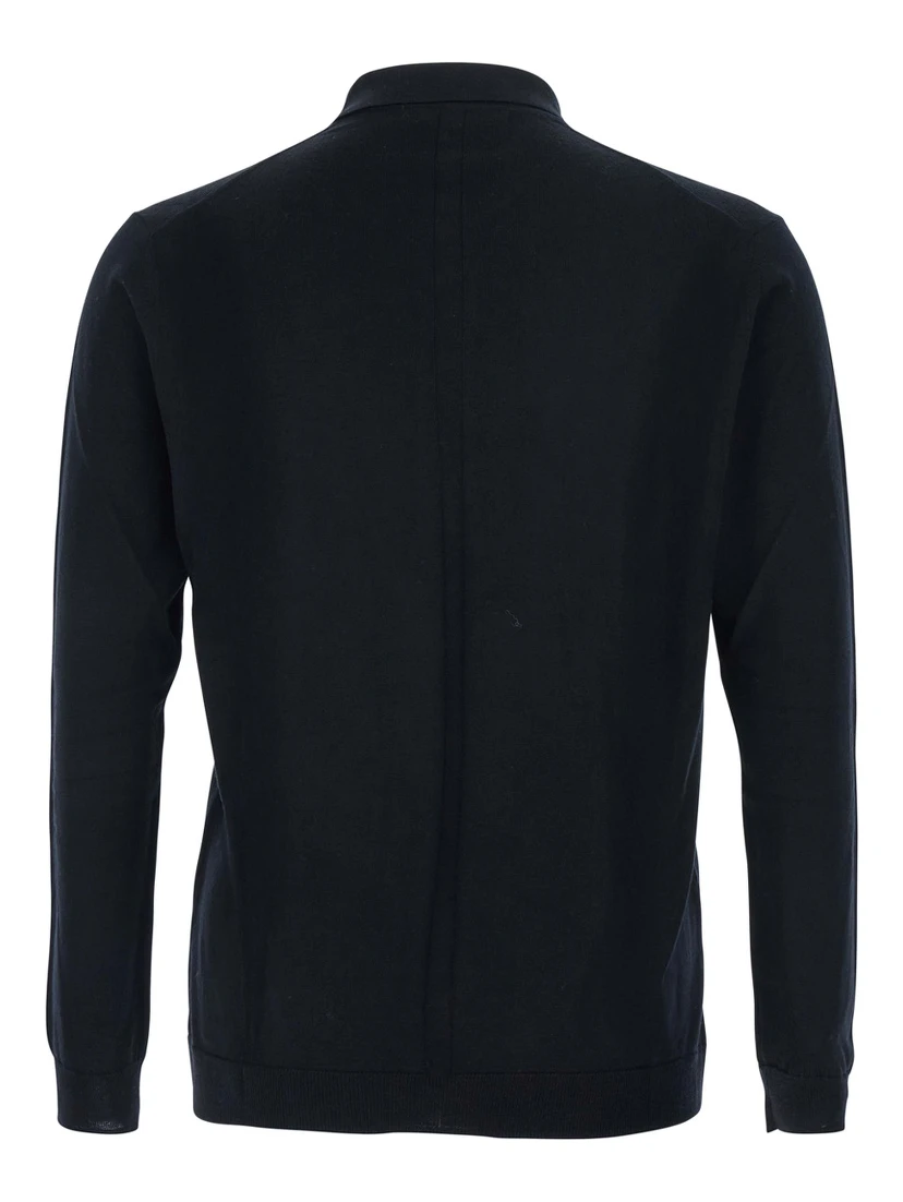 Black Sweater with Polo Shirt Style Collar and Long Sleeves in Wool Man