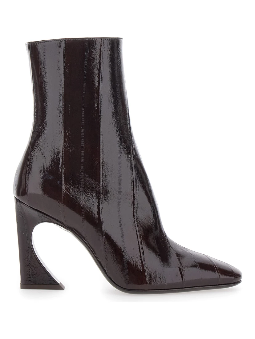 Brown Ankle Boots with Arc Heel and Side Zip Closure in Hagfish Leather Woman