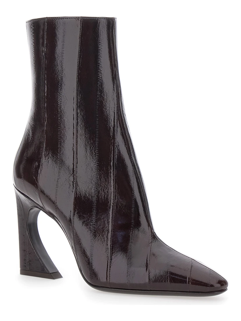 Brown Ankle Boots with Arc Heel and Side Zip Closure in Hagfish Leather Woman