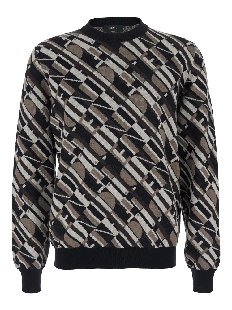 Brown Crewneck Sweater with All-Over Geometric Motif in Wool Man