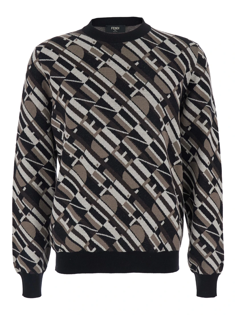 Brown Crewneck Sweater with All-Over Geometric Motif in Wool Man