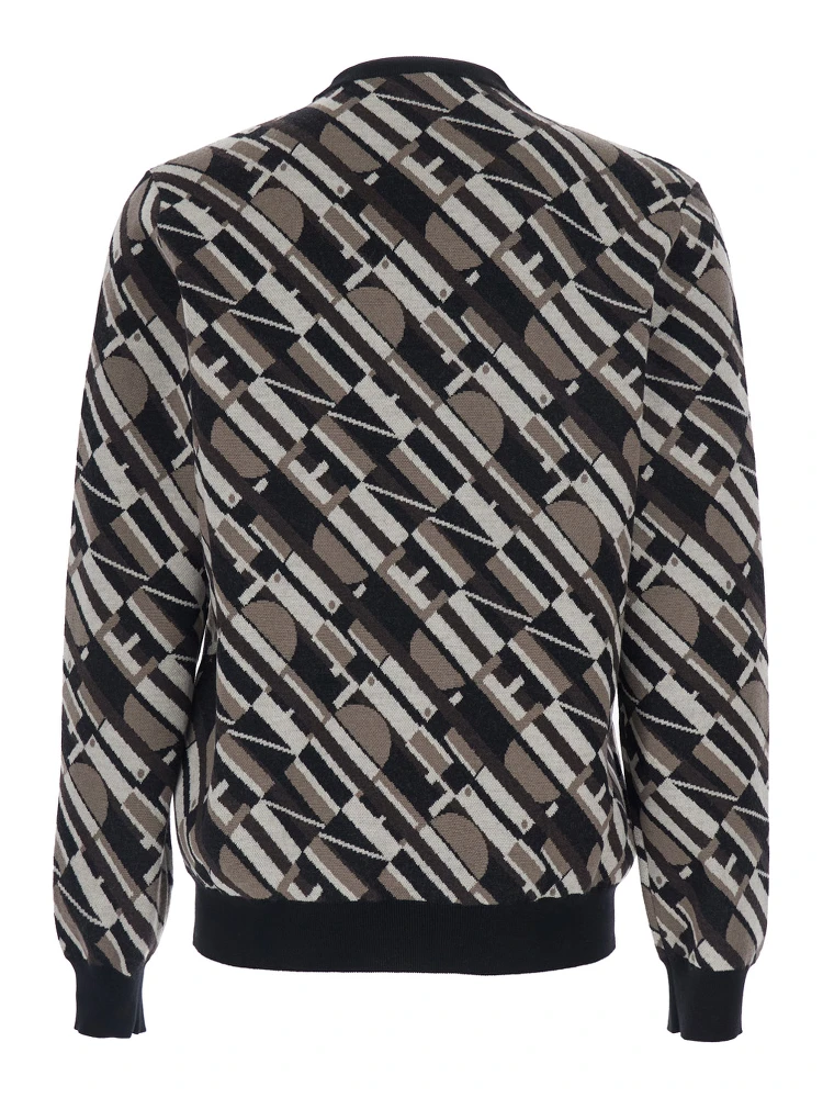 Brown Crewneck Sweater with All-Over Geometric Motif in Wool Man alternative