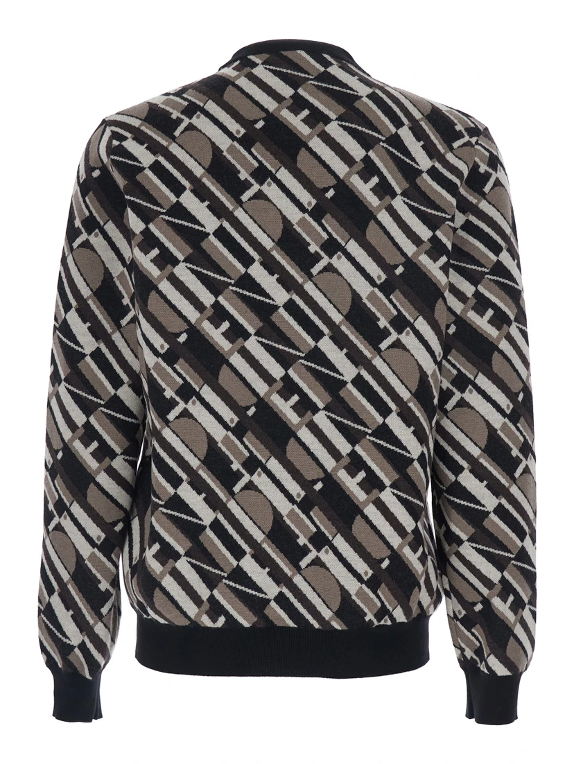 Brown Crewneck Sweater with All-Over Geometric Motif in Wool Man