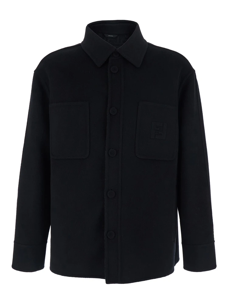 Black Jacket with FF Embroidery on the Front and Logo Patch on the Rear in Wool Man