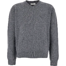 Grey Sweater with V Neck and Ribbed Trims in Wool Man