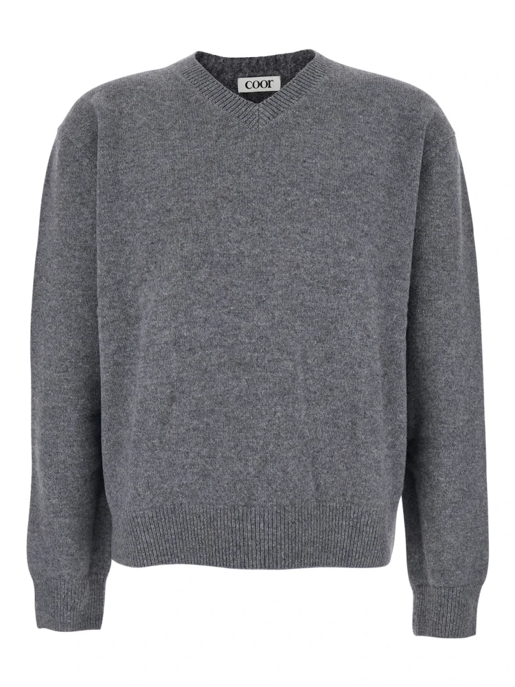 Grey Sweater with V Neck and Ribbed Trims in Wool Man