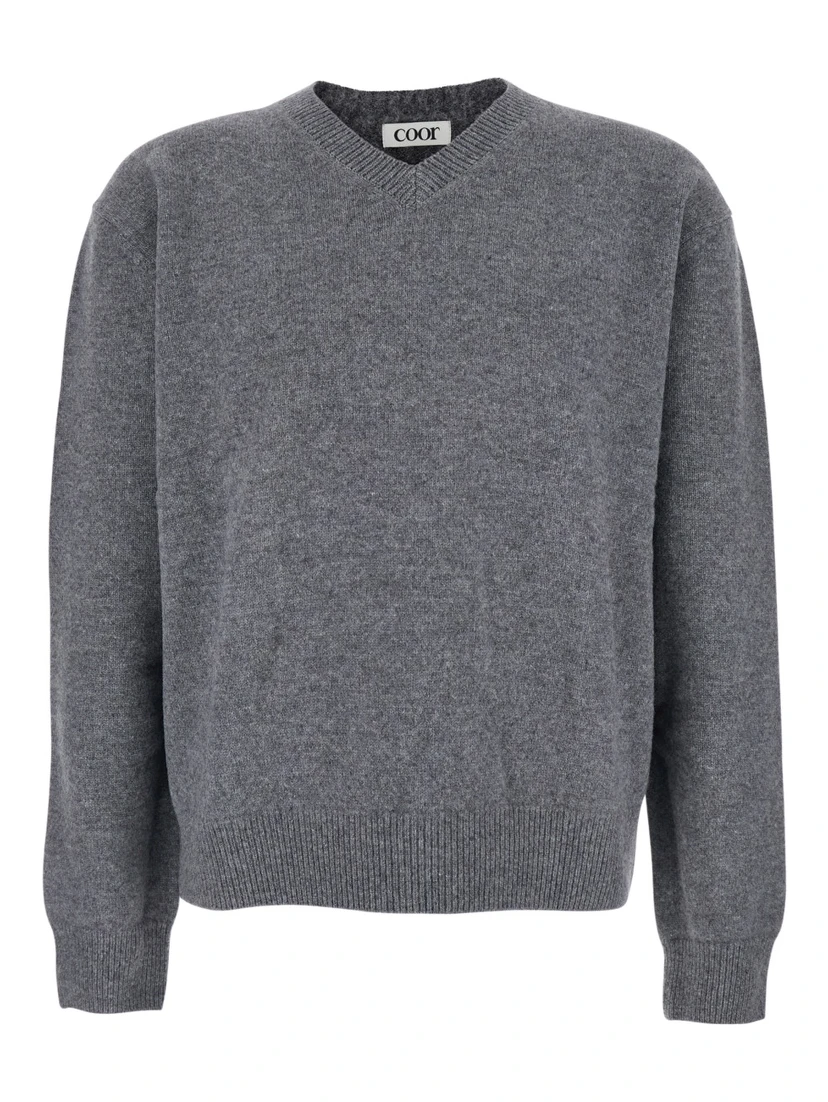 Grey Sweater with V Neck and Ribbed Trims in Wool Man