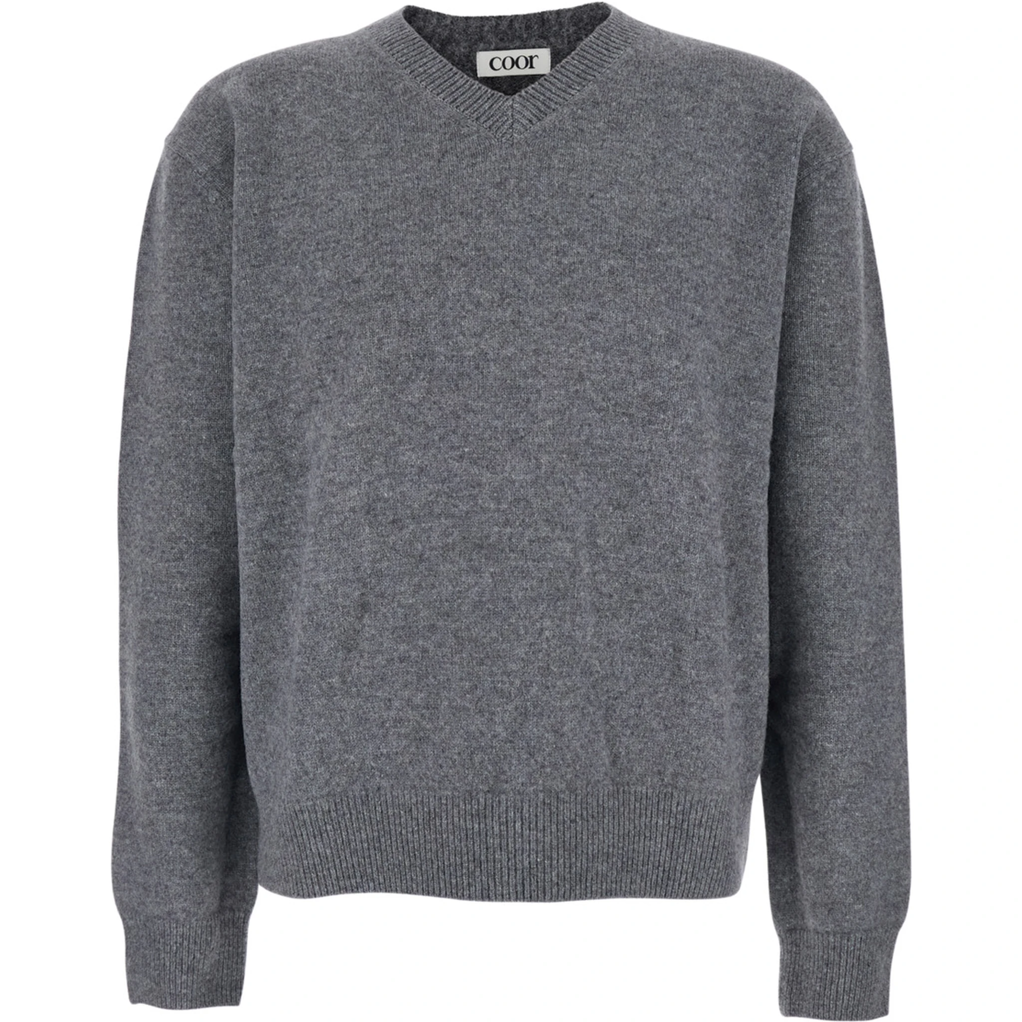 Grey Sweater with V Neck and Ribbed Trims in Wool Man