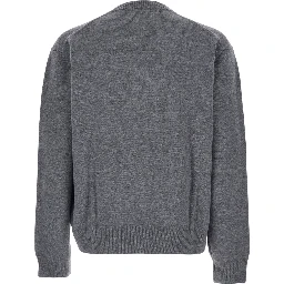 Grey Sweater with V Neck and Ribbed Trims in Wool Man