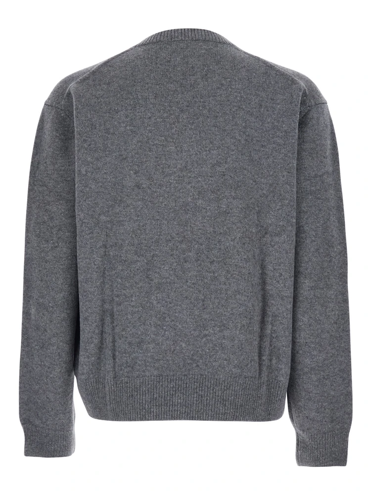 Grey Sweater with V Neck and Ribbed Trims in Wool Man alternative