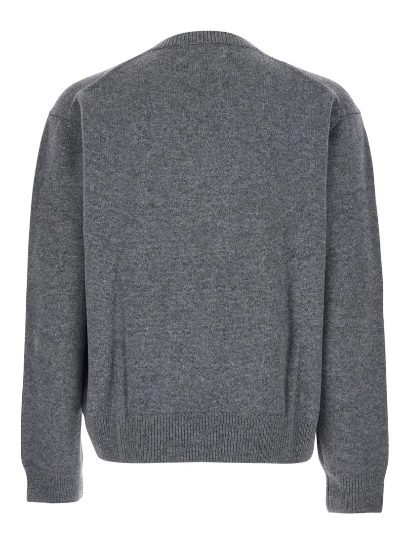 Grey Sweater with V Neck and Ribbed Trims in Wool Man