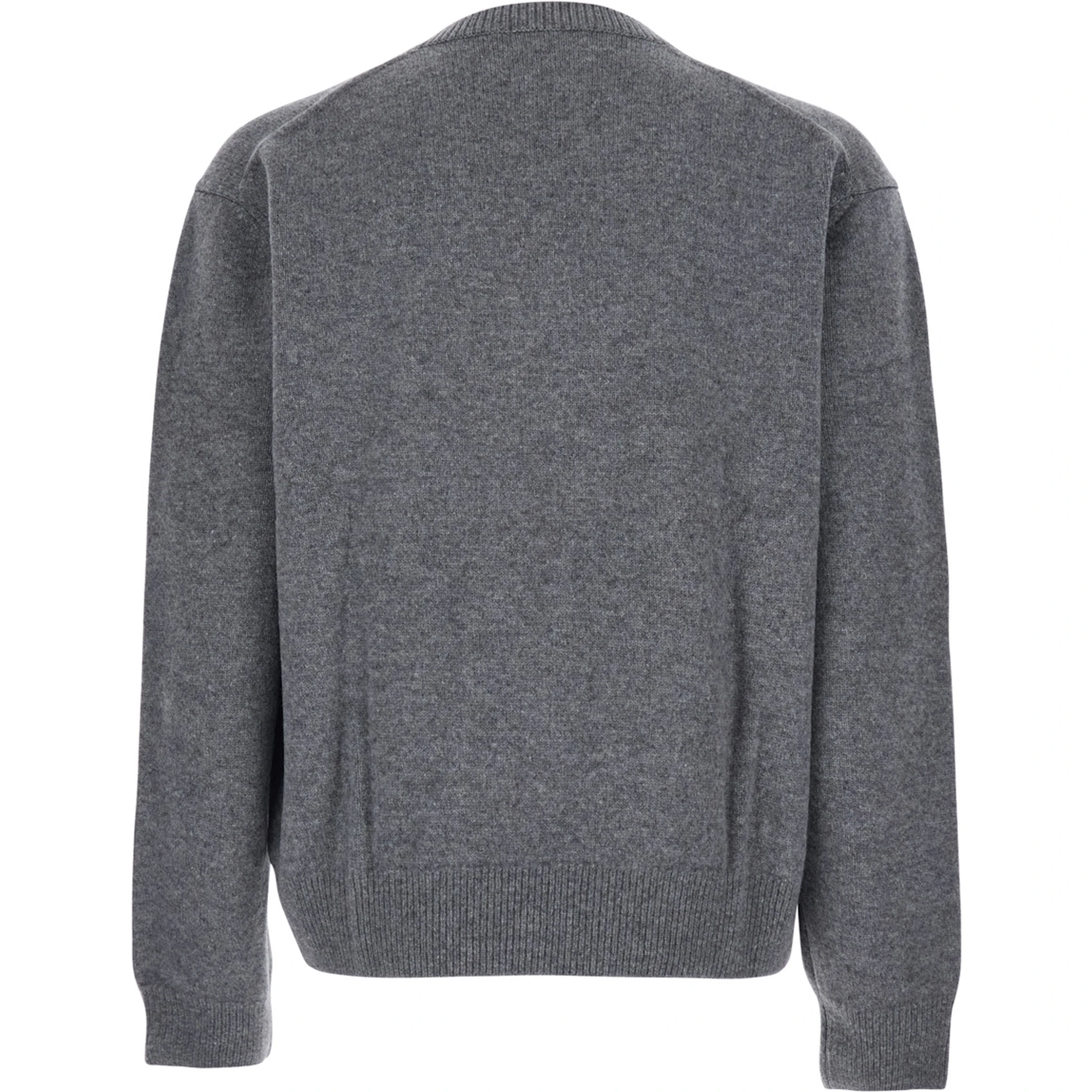 Grey Sweater with V Neck and Ribbed Trims in Wool Man
