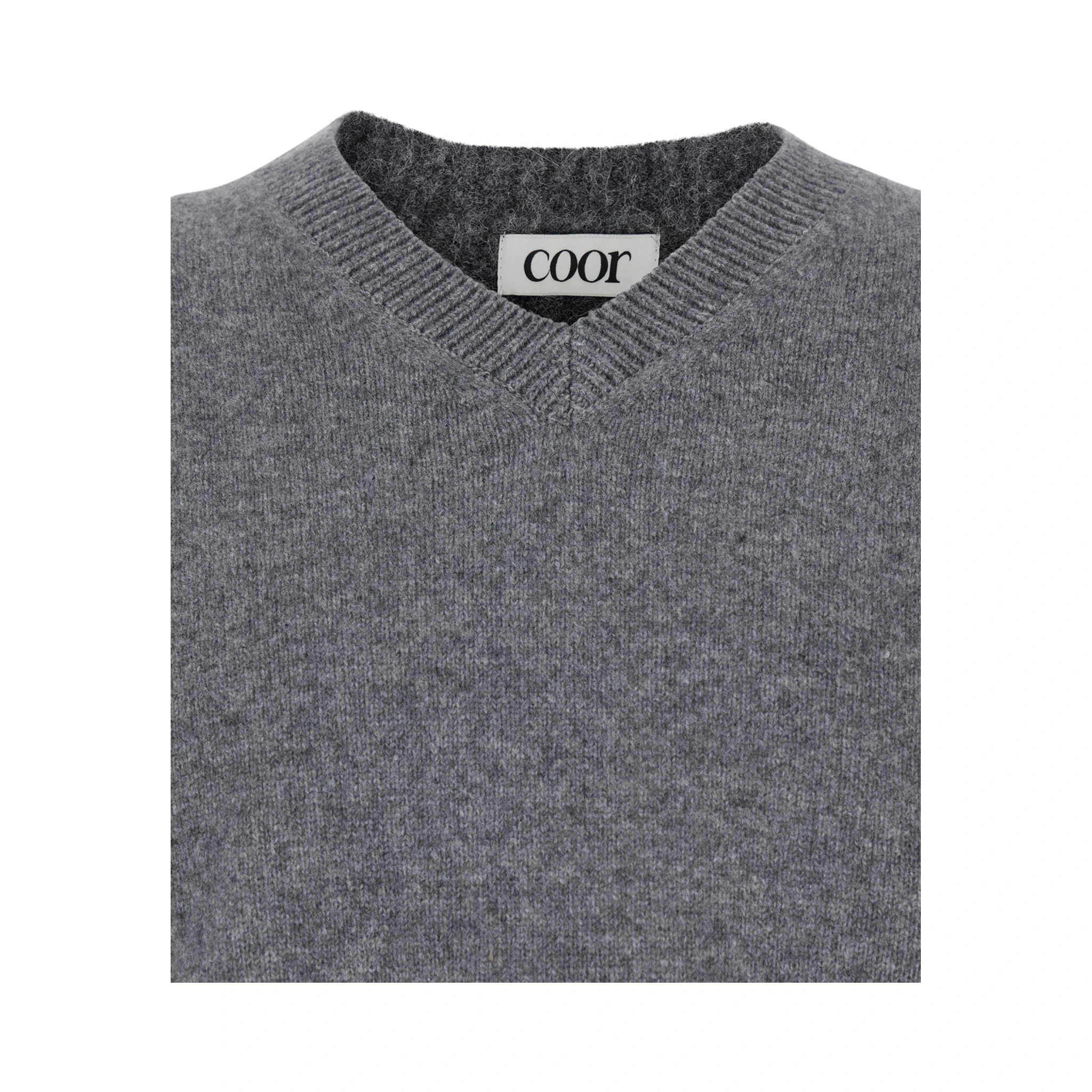 Grey Sweater with V Neck and Ribbed Trims in Wool Man