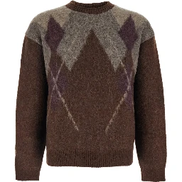 Brown Crewneck Sweater with All-Over Argyle Motif in Wool Blend Man