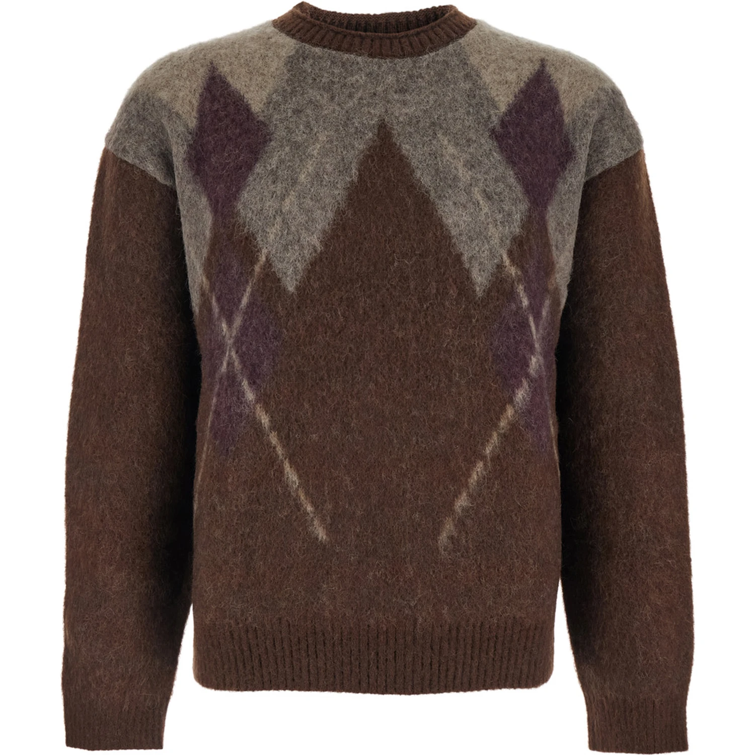 Brown Crewneck Sweater with All-Over Argyle Motif in Wool Blend Man