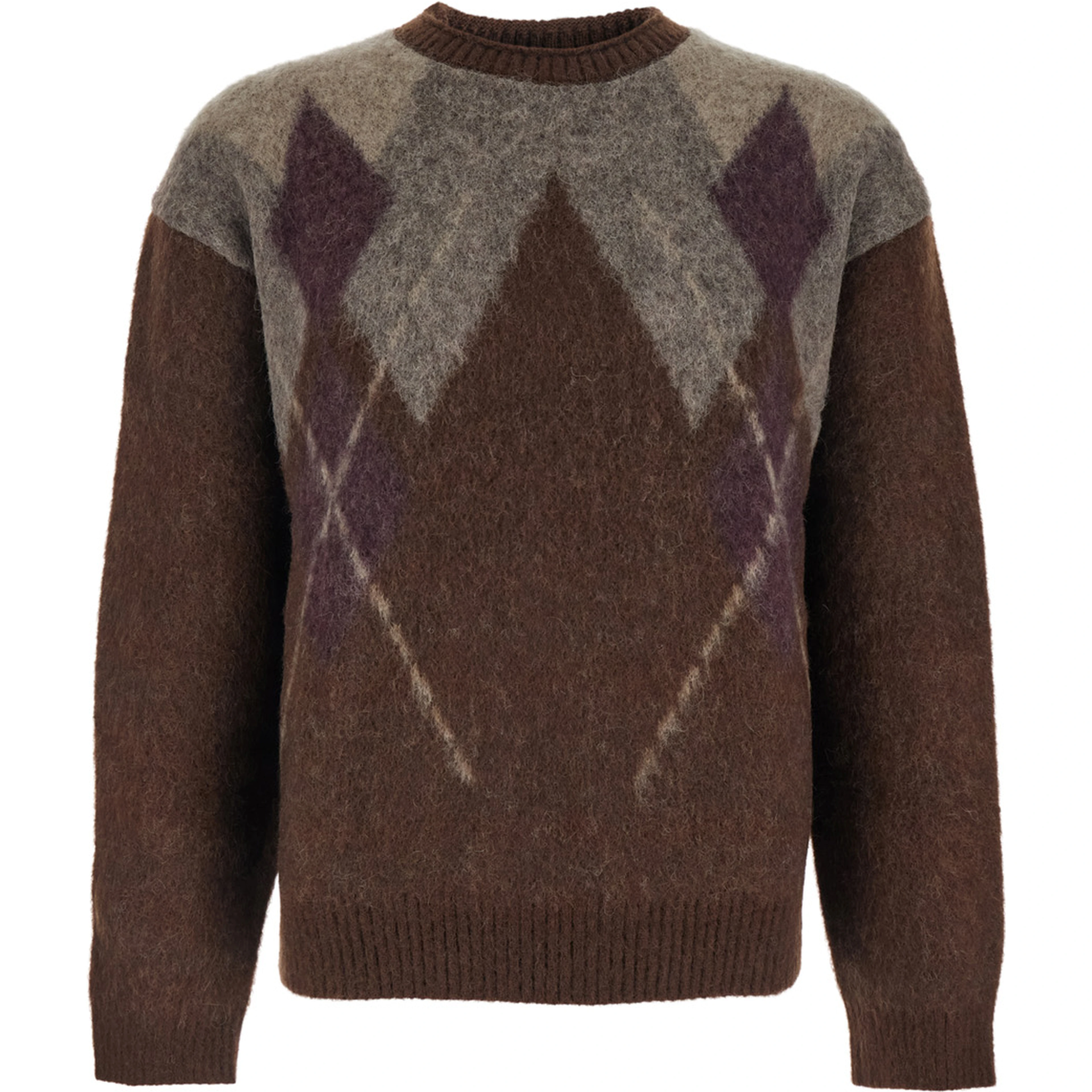 Brown Crewneck Sweater with All-Over Argyle Motif in Wool Blend Man