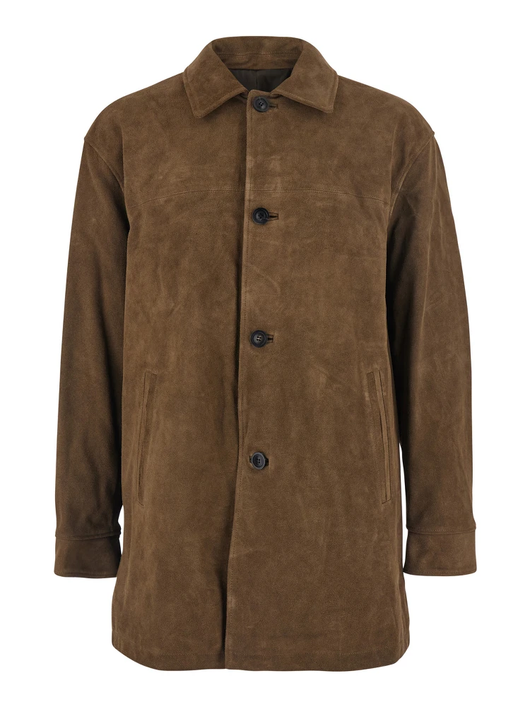 Brown Coat with Classic Collar in Suede Man