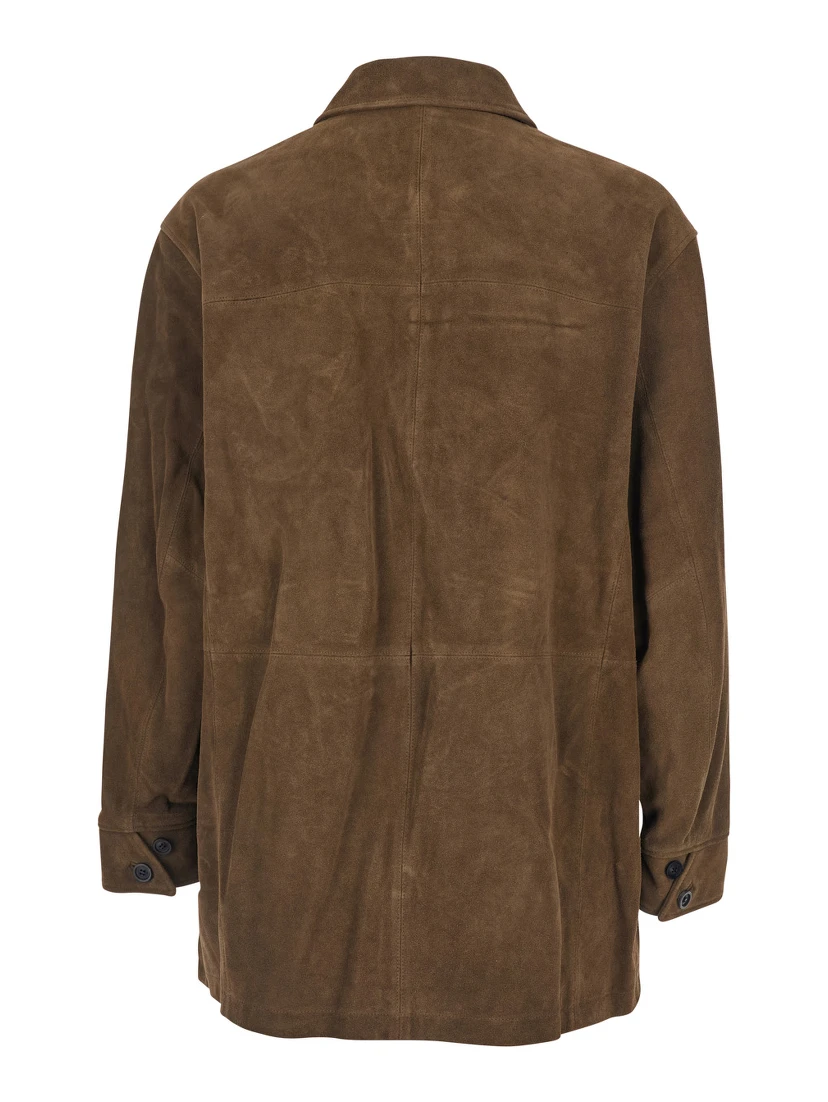 Brown Coat with Classic Collar in Suede Man