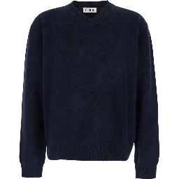Blue Sweater with V Neck and Ribbed Trims in Wool Man