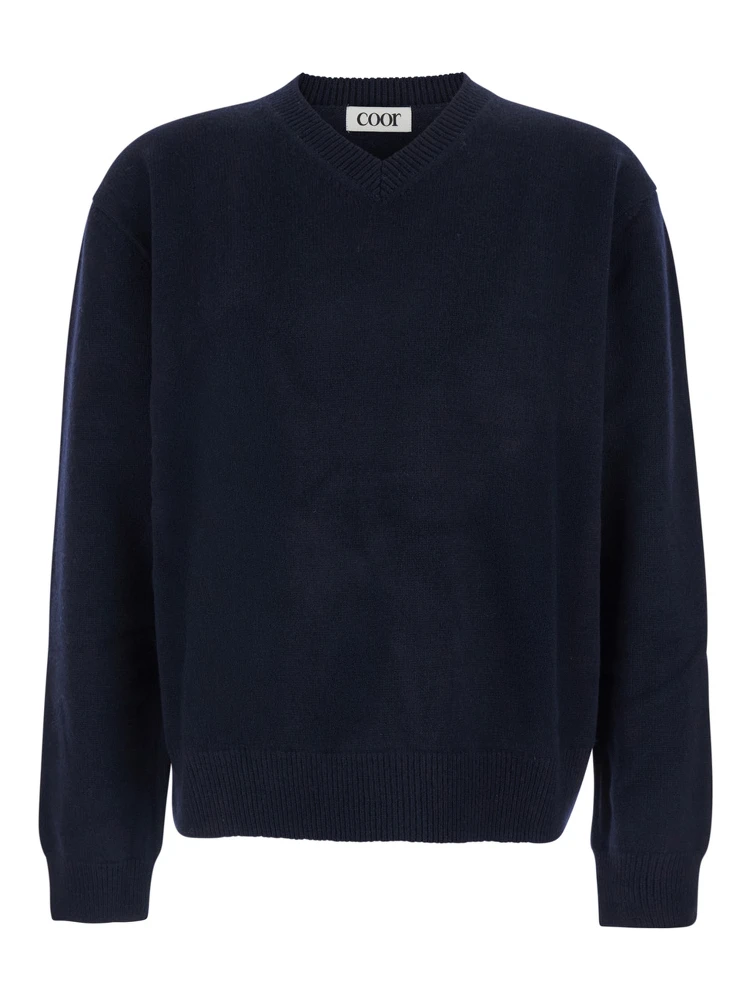 Blue Sweater with V Neck and Ribbed Trims in Wool Man