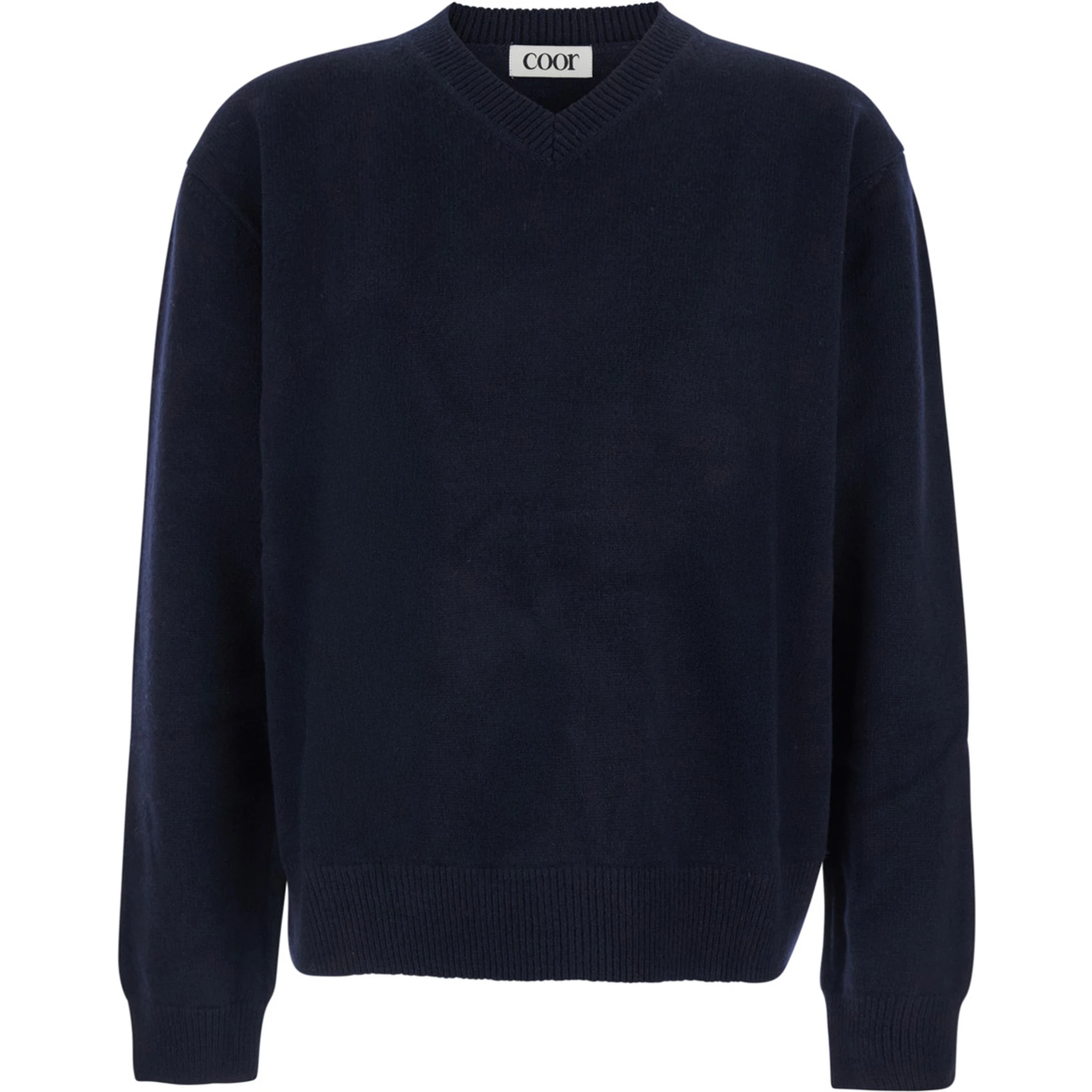 Blue Sweater with V Neck and Ribbed Trims in Wool Man
