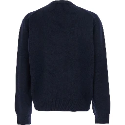 Blue Sweater with V Neck and Ribbed Trims in Wool Man