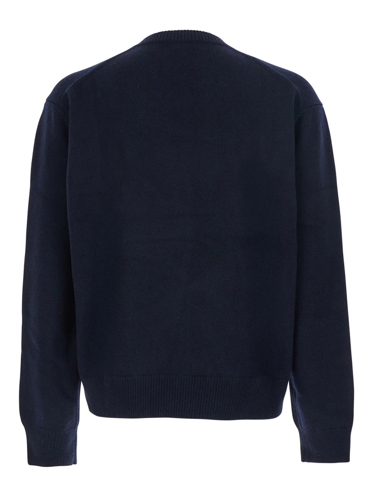 Blue Sweater with V Neck and Ribbed Trims in Wool Man alternative