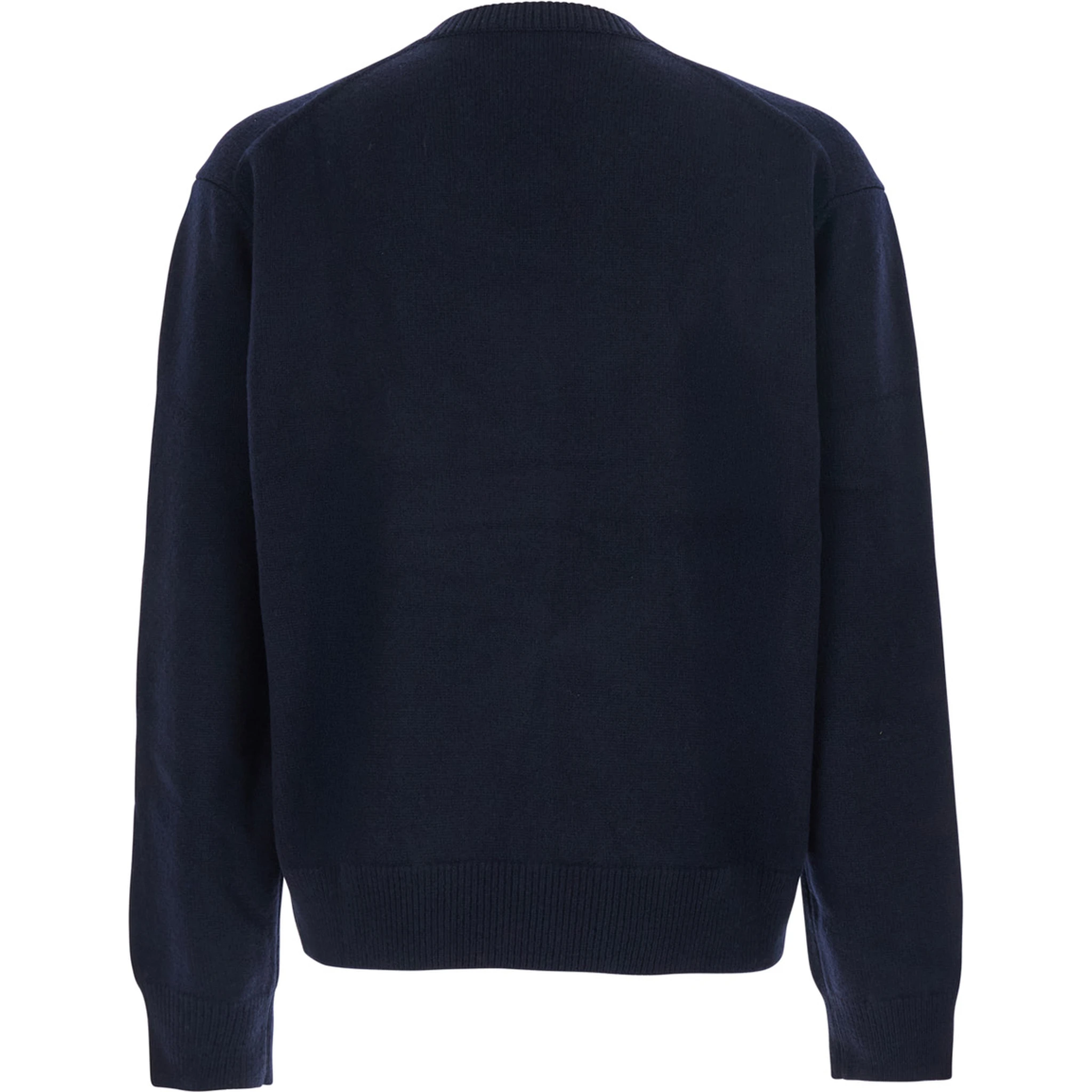 Blue Sweater with V Neck and Ribbed Trims in Wool Man