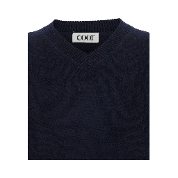 Blue Sweater with V Neck and Ribbed Trims in Wool Man