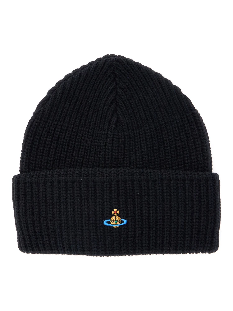 Black Ribbed Beanie with Orb Logo Embroidered in Wool Unisex