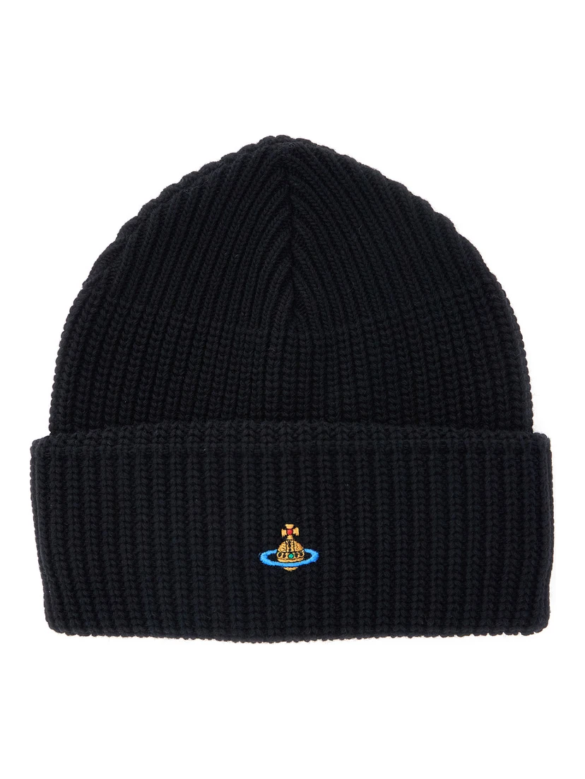 Black Ribbed Beanie with Orb Logo Embroidered in Wool Unisex