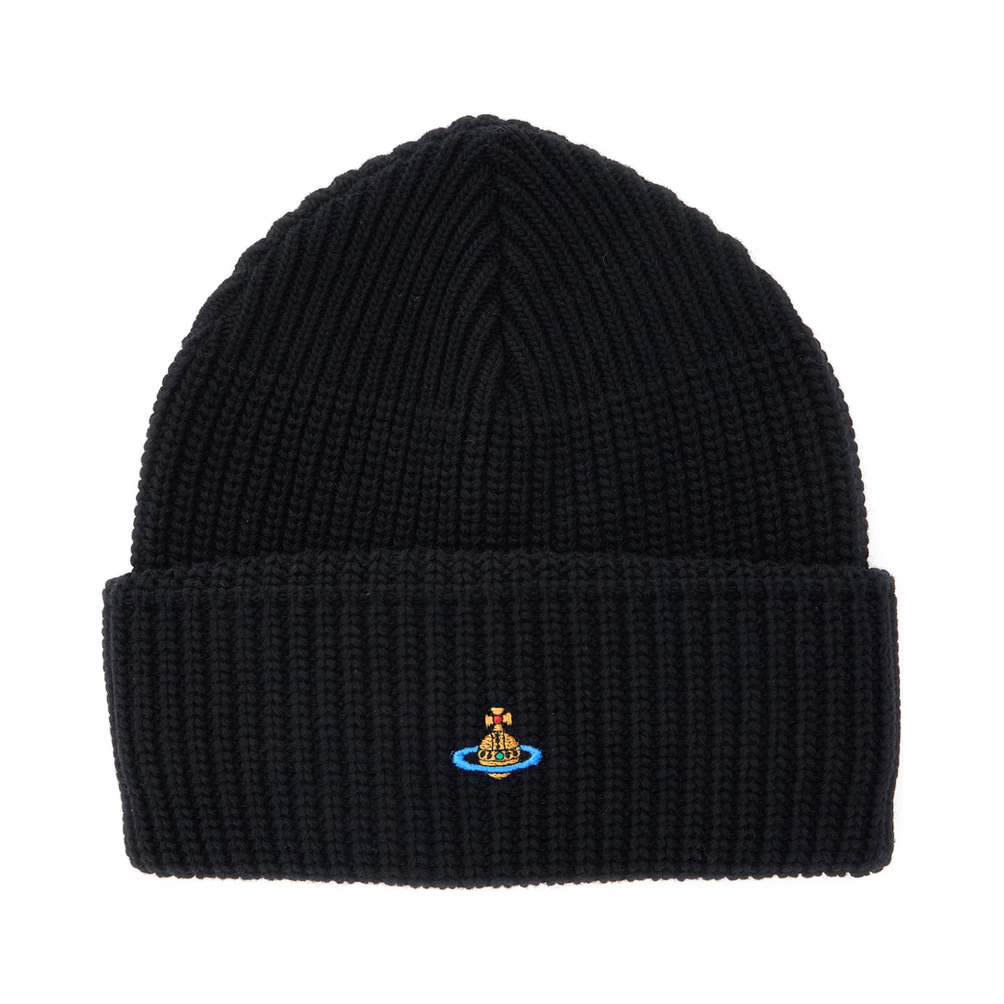 Black Ribbed Beanie with Orb Logo Embroidered in Wool Unisex