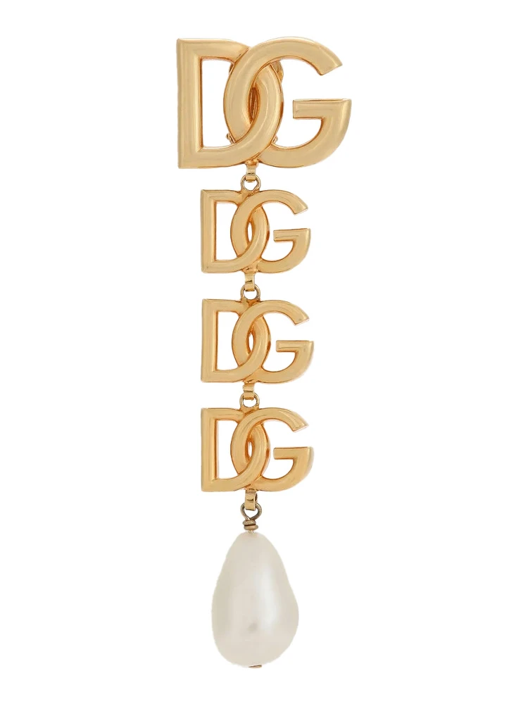 Gold-Colored Single Earring with DG Logo and Pearl Design in Bronze Woman