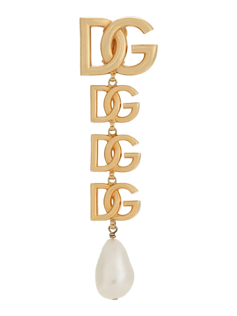 Gold-Colored Single Earring with DG Logo and Pearl Design in Bronze Woman