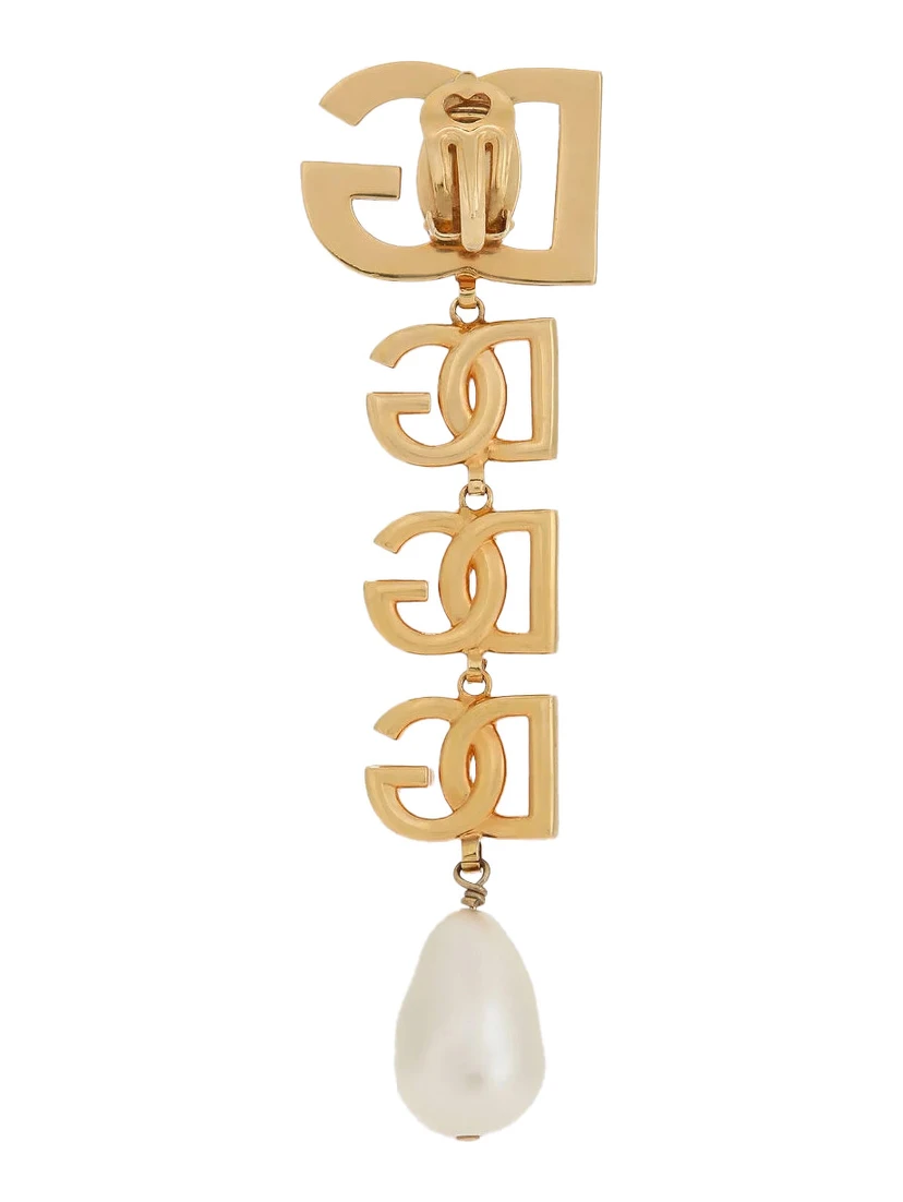 Gold-Colored Single Earring with DG Logo and Pearl Design in Bronze Woman